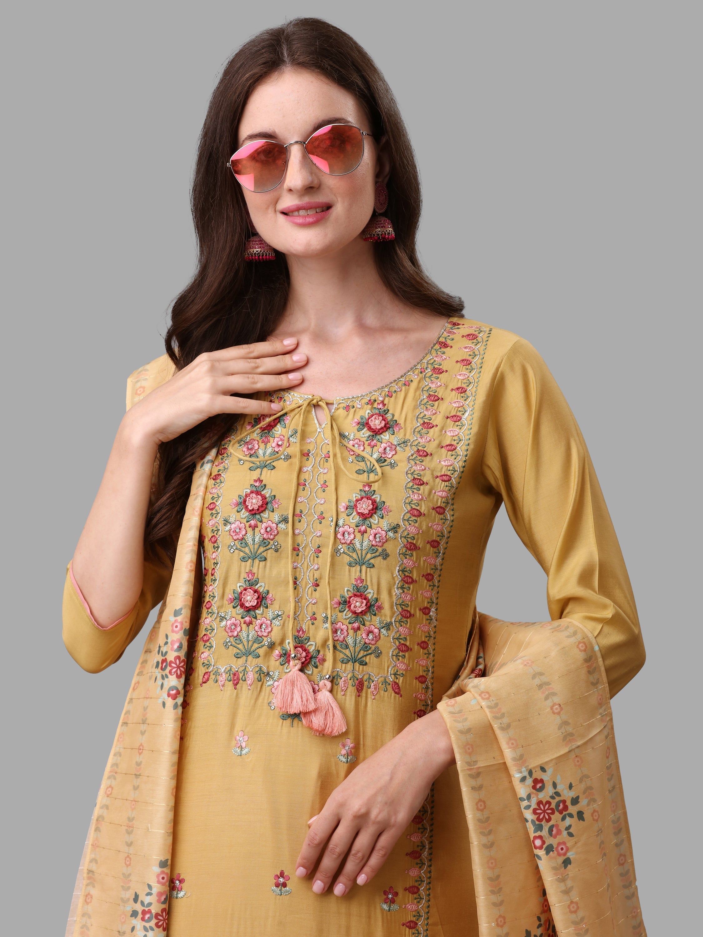 Yellow Embroidered Kurta Pant & Dupatta Set, Multicolor - Hiral Fashion | Grocsy