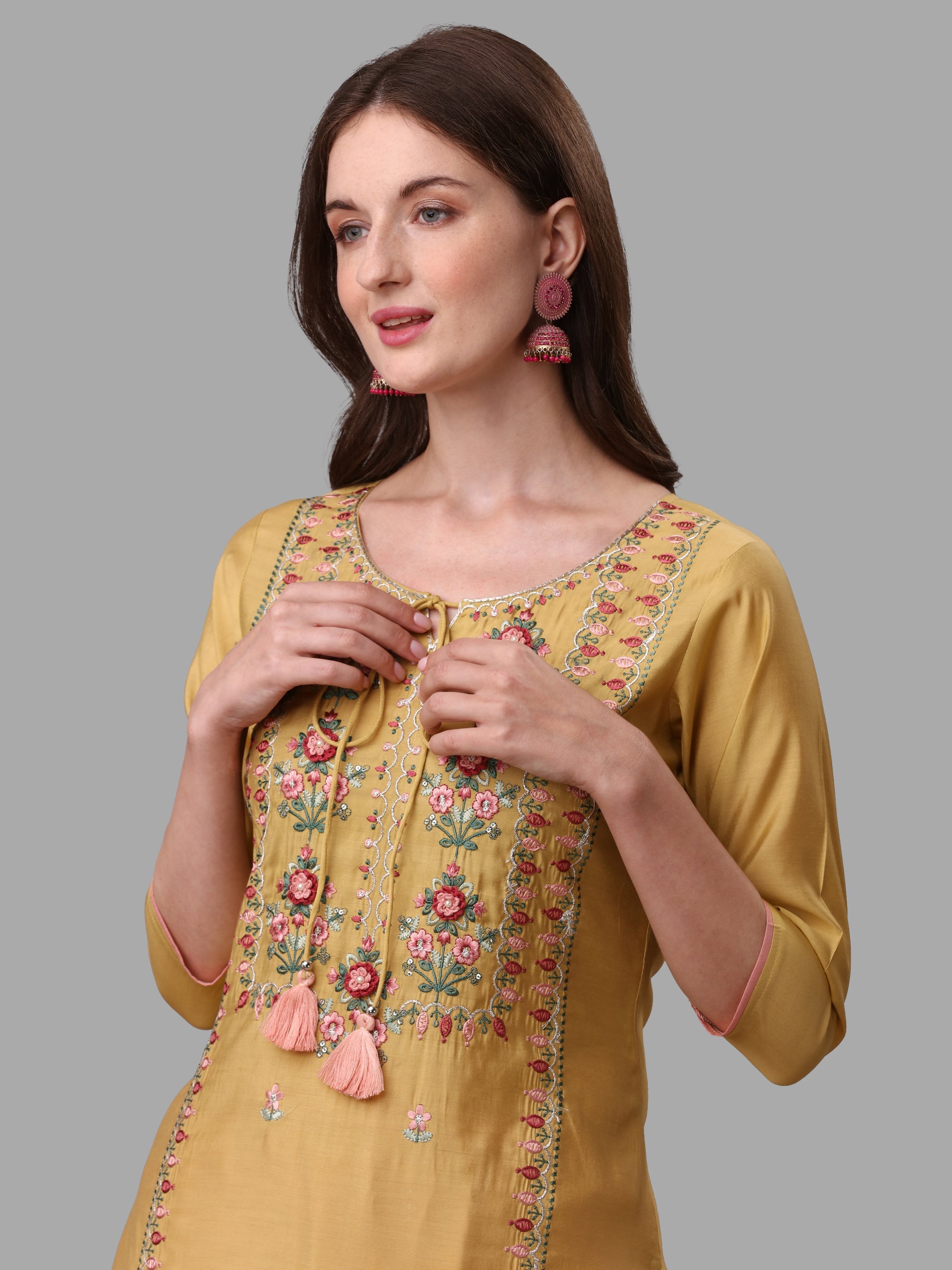 Yellow Embroidered Kurta Pant & Dupatta Set, Multicolor - Hiral Fashion | Grocsy