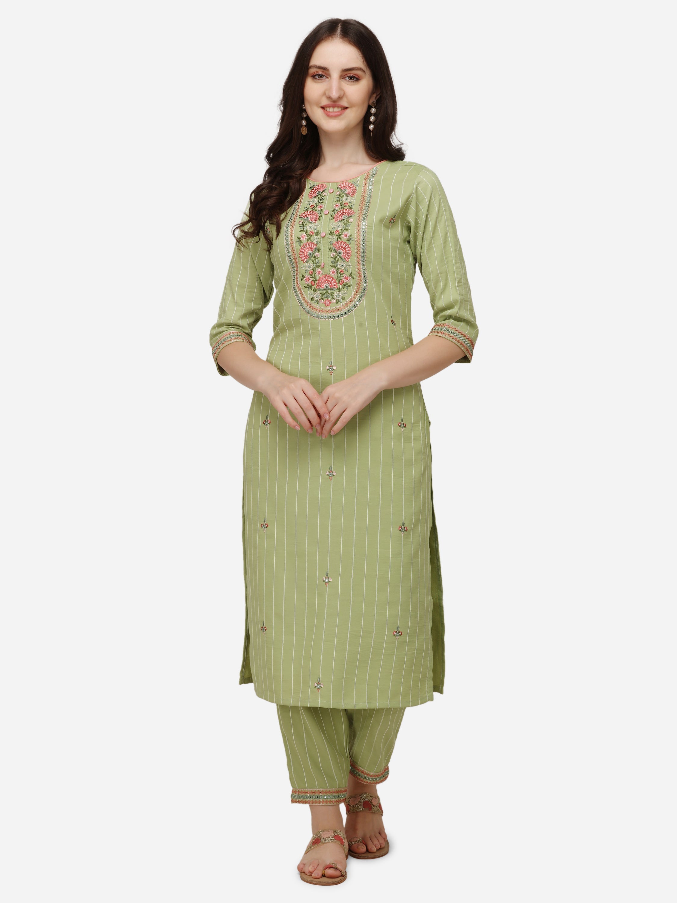 Embroidered Kurta With Pant & Dupatta Set, Multicolor - Hiral Fashion | Grocsy