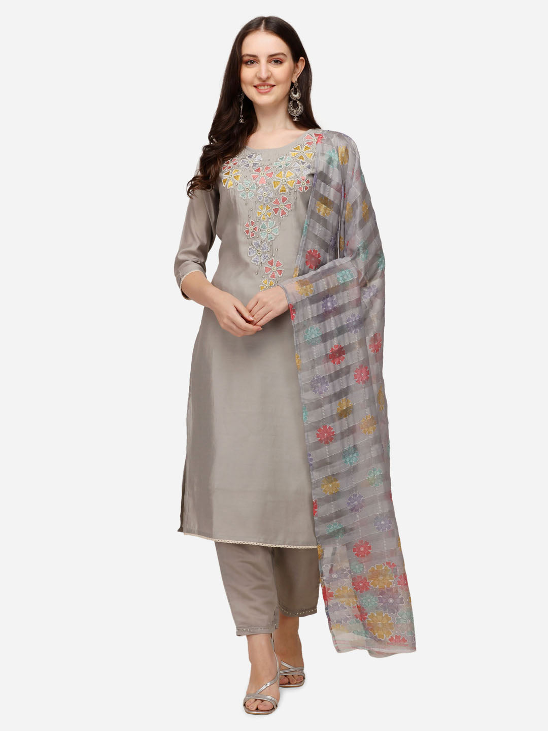 Hand Embroidered Kurta With Pant & Printed Dupatta Set, Multicolor - Hiral Fashion | Grocsy