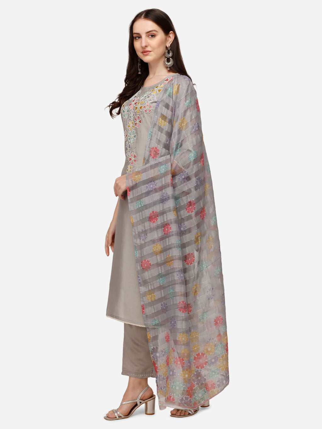 Hand Embroidered Kurta With Pant & Printed Dupatta Set, Multicolor - Hiral Fashion | Grocsy