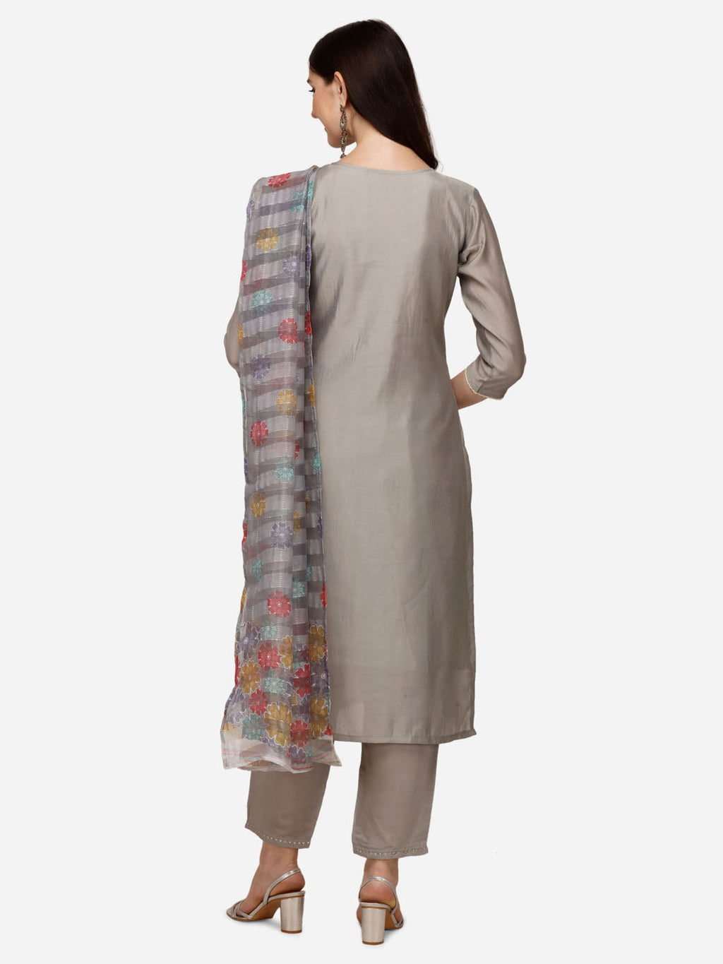 Hand Embroidered Kurta With Pant & Printed Dupatta Set, Multicolor - Hiral Fashion | Grocsy