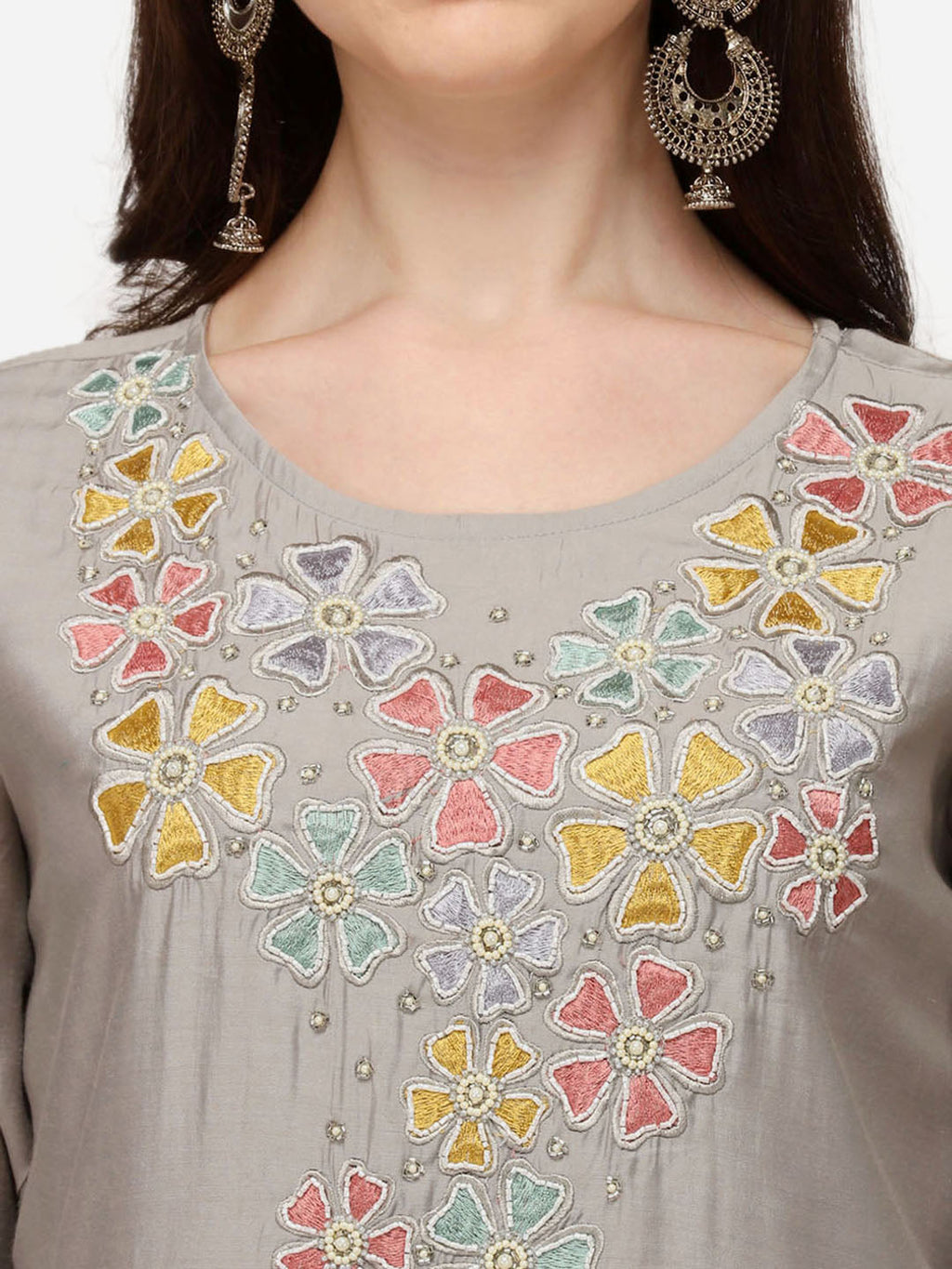 Hand Embroidered Kurta With Pant & Printed Dupatta Set, Multicolor - Hiral Fashion | Grocsy