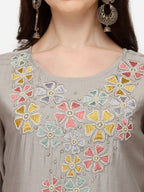 Hand Embroidered Kurta With Pant & Printed Dupatta Set, Multicolor - Hiral Fashion | Grocsy