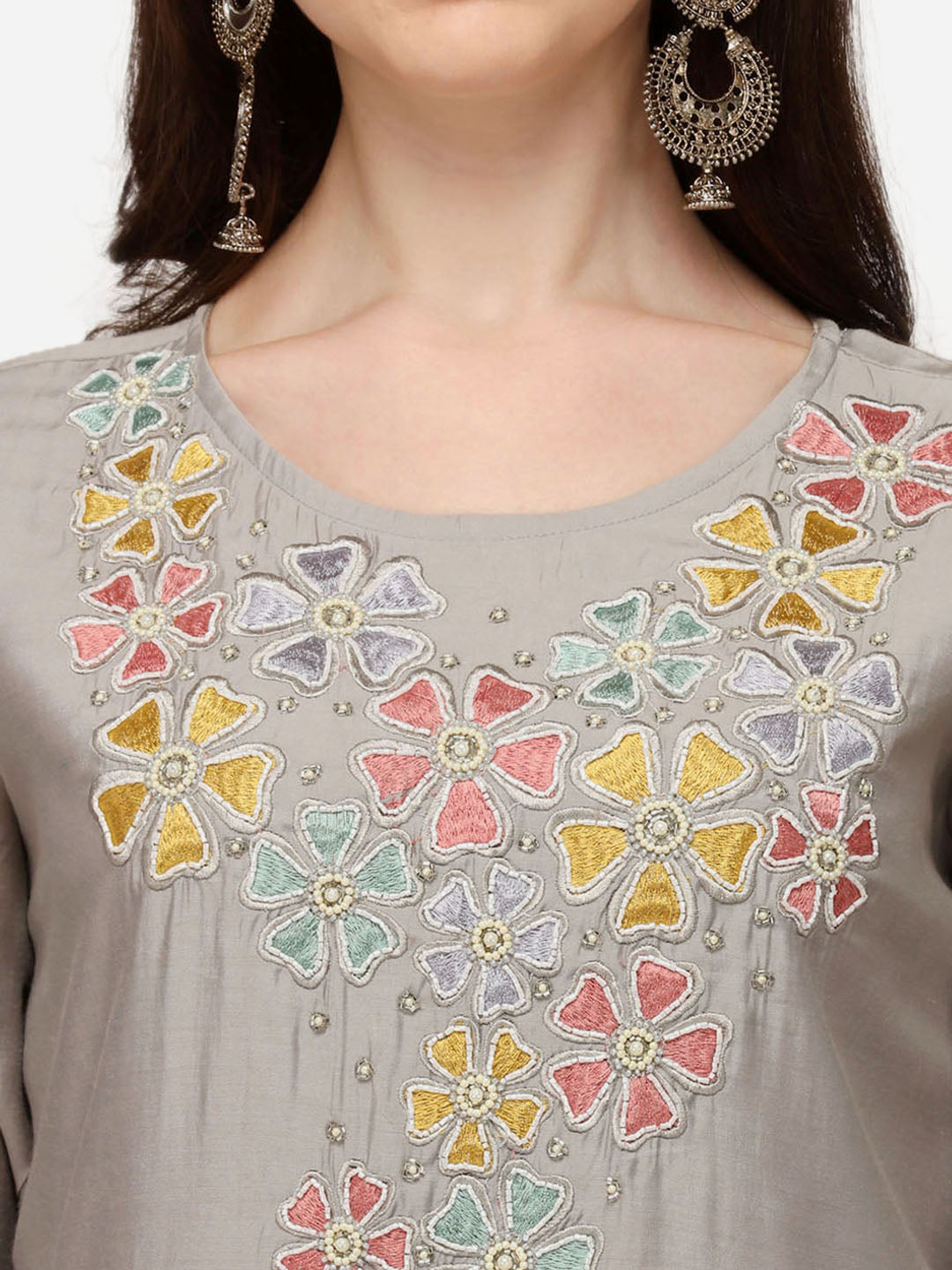 Hand Embroidered Kurta With Pant & Printed Dupatta Set, Multicolor - Hiral Fashion | Grocsy