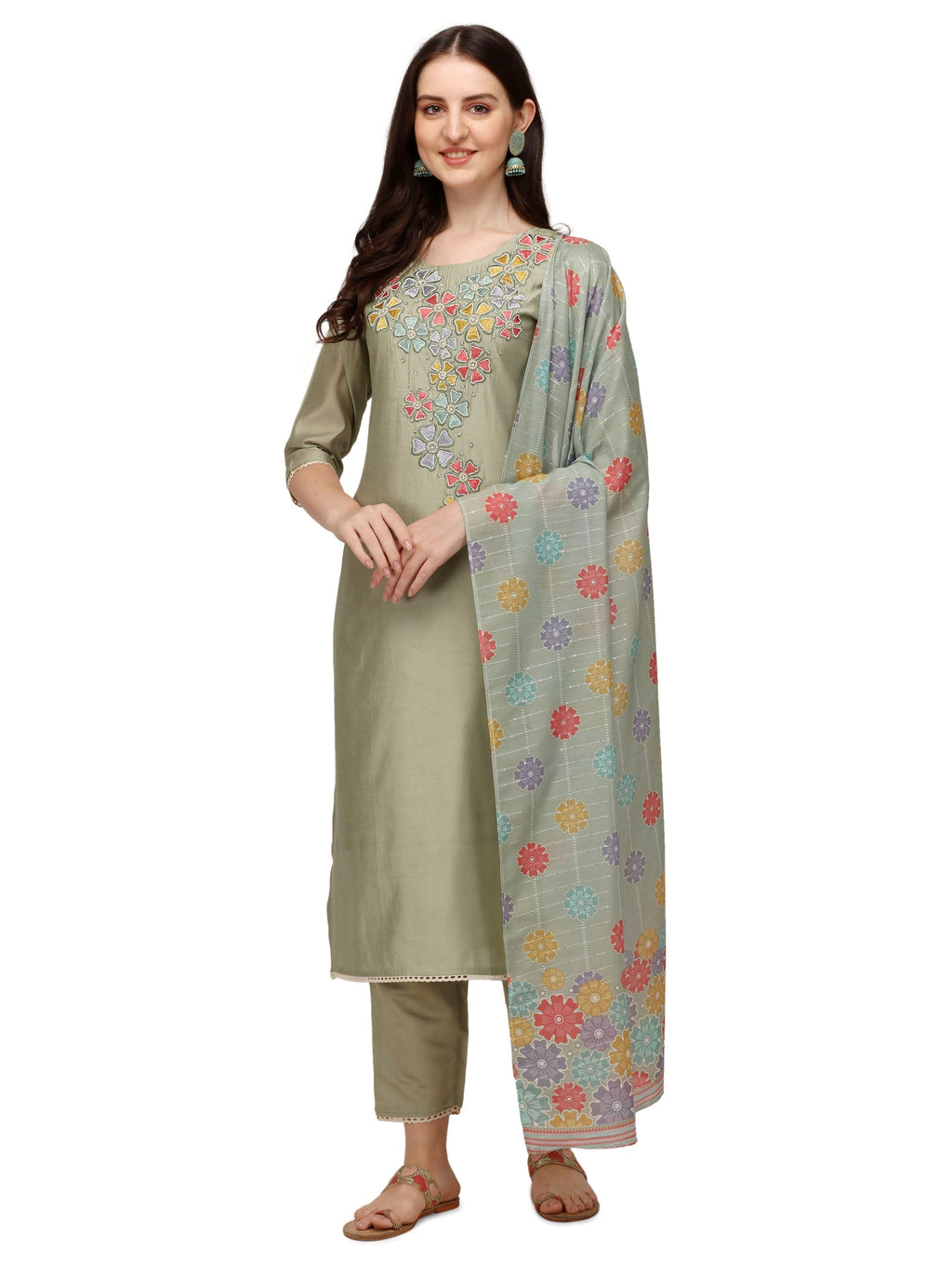 Hand Embroidered Kurta With Pant & Printed Dupatta, Multicolor - Hiral Fashion | Grocsy