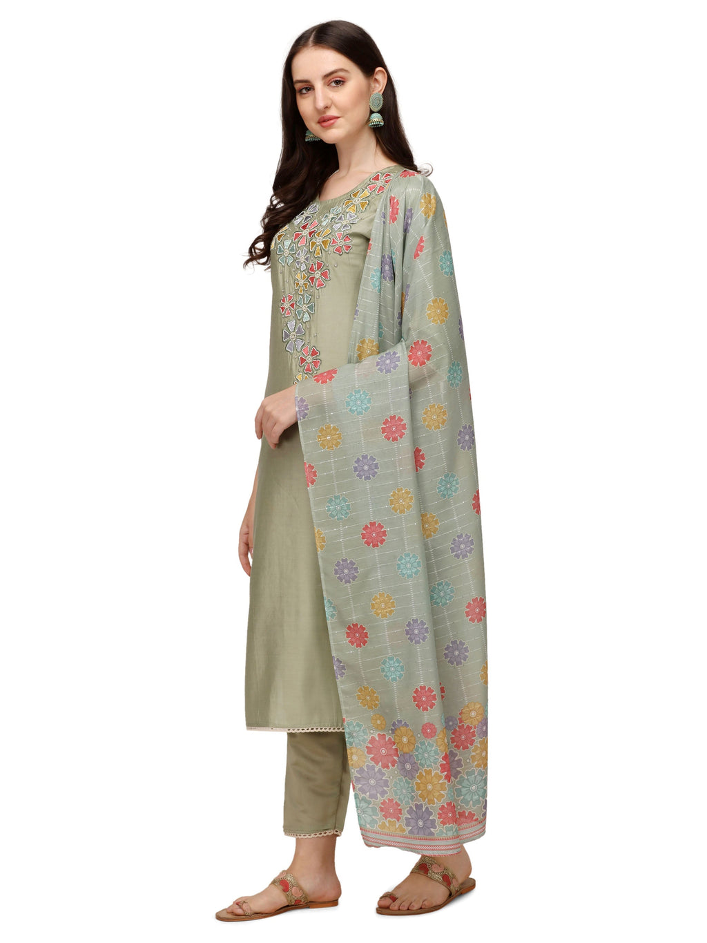 Hand Embroidered Kurta With Pant & Printed Dupatta, Multicolor - Hiral Fashion | Grocsy