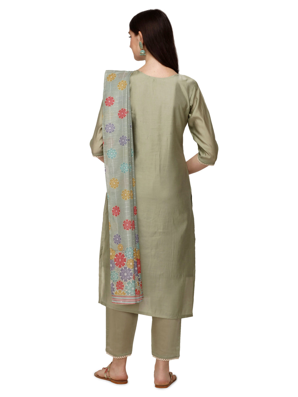 Hand Embroidered Kurta With Pant & Printed Dupatta, Multicolor - Hiral Fashion | Grocsy