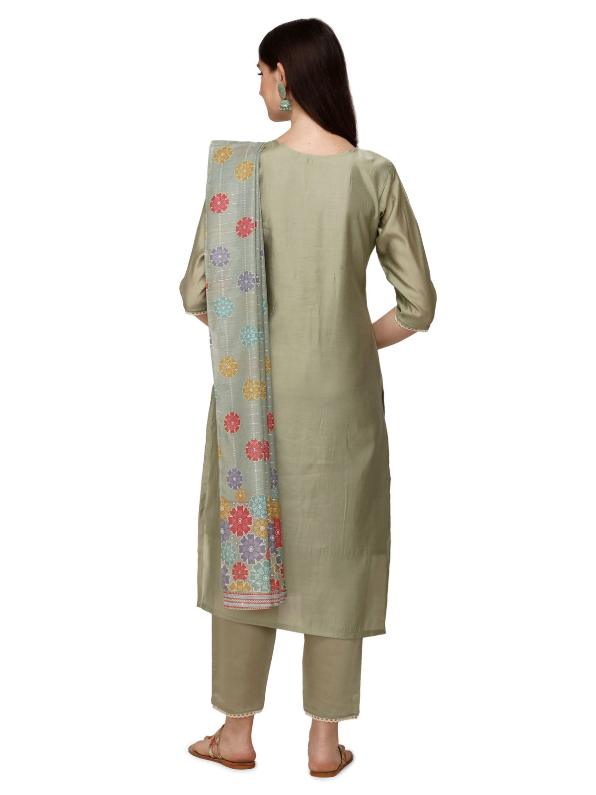 Hand Embroidered Kurta With Pant & Printed Dupatta, Multicolor - Hiral Fashion | Grocsy