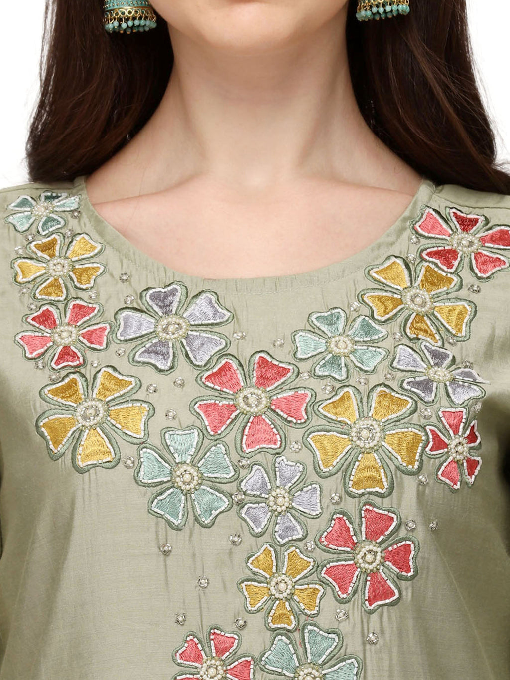 Hand Embroidered Kurta With Pant & Printed Dupatta, Multicolor - Hiral Fashion | Grocsy