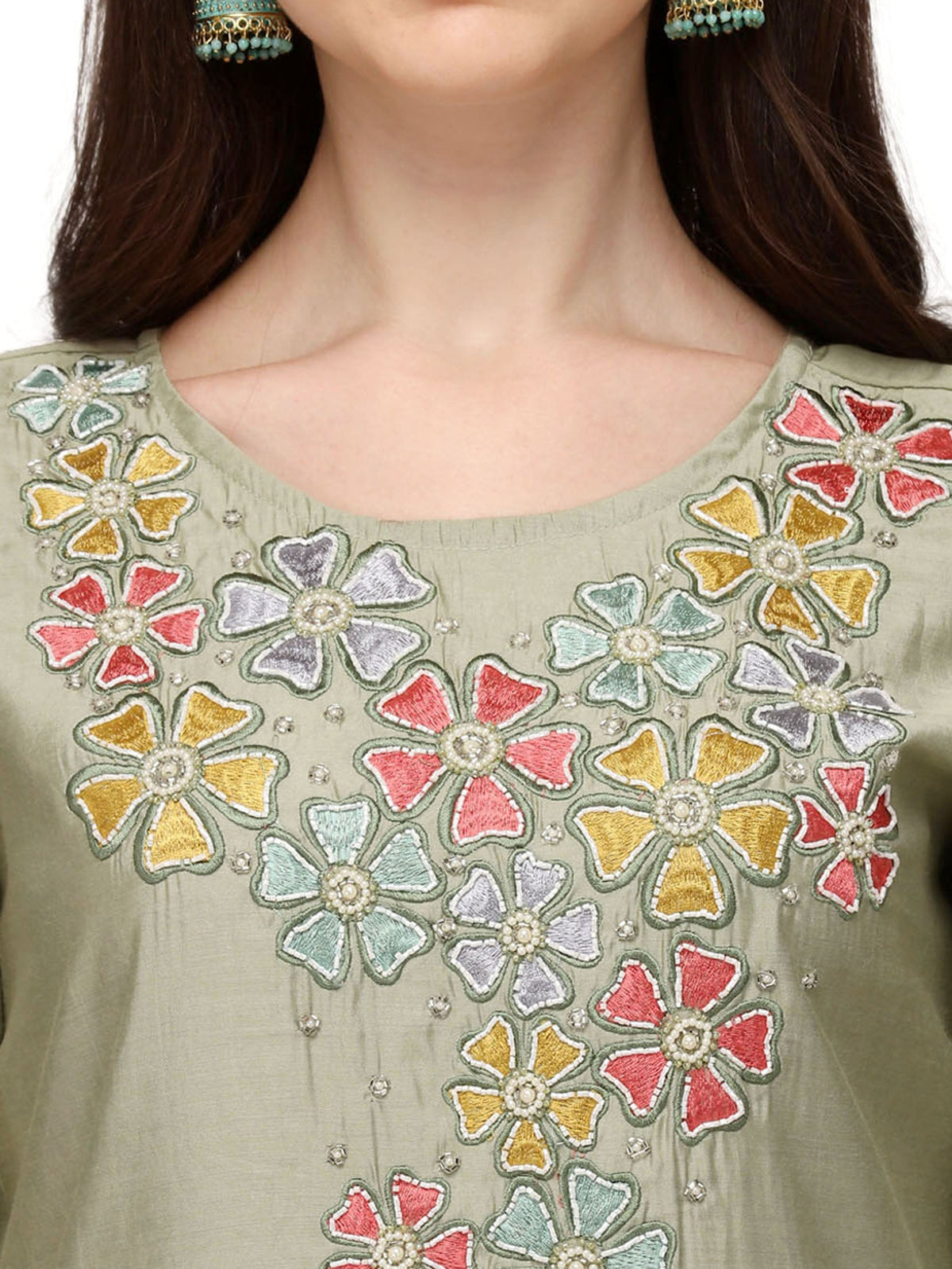 Hand Embroidered Kurta With Pant & Printed Dupatta, Multicolor - Hiral Fashion | Grocsy