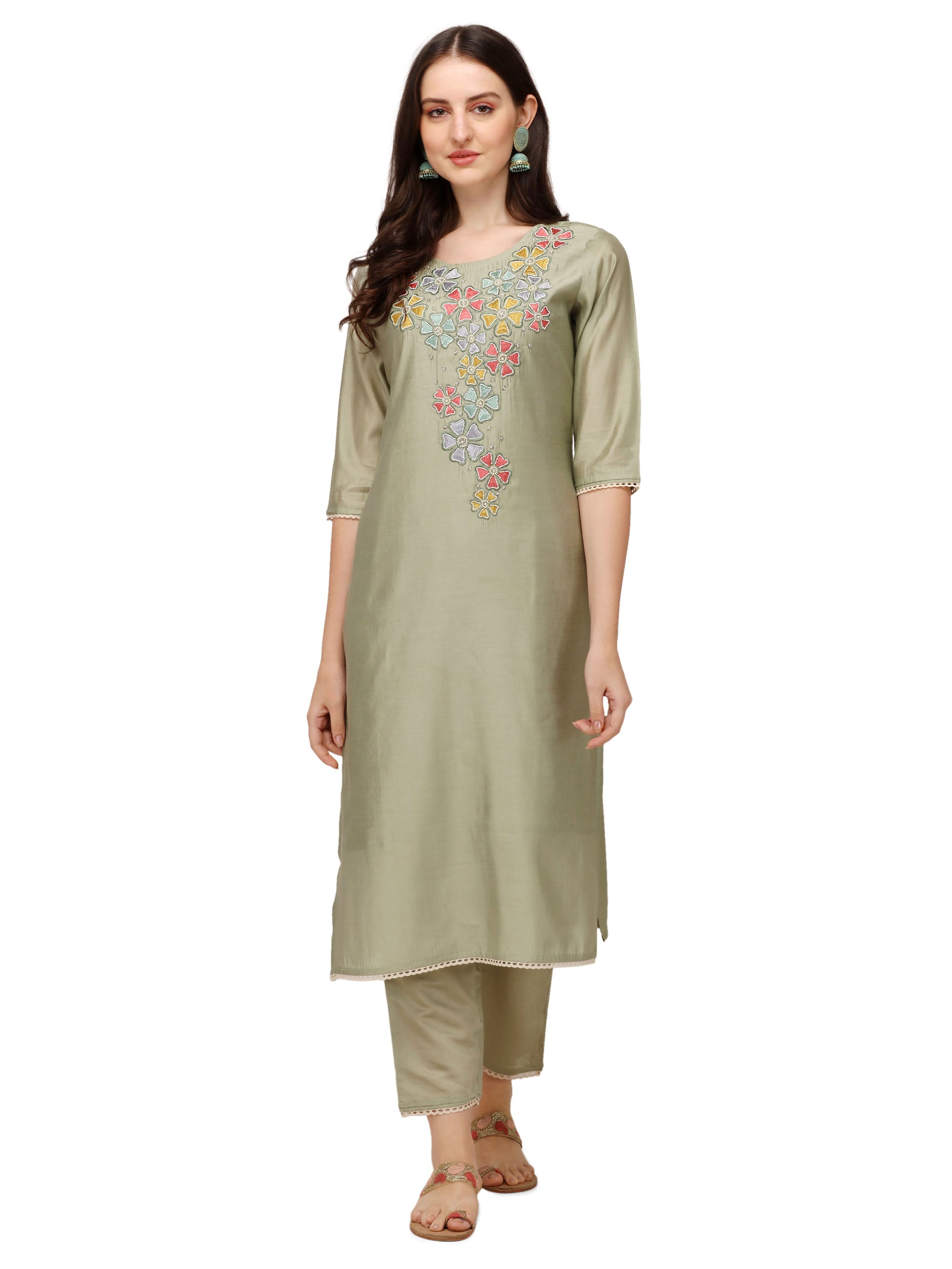 Hand Embroidered Kurta With Pant & Printed Dupatta, Multicolor - Hiral Fashion | Grocsy