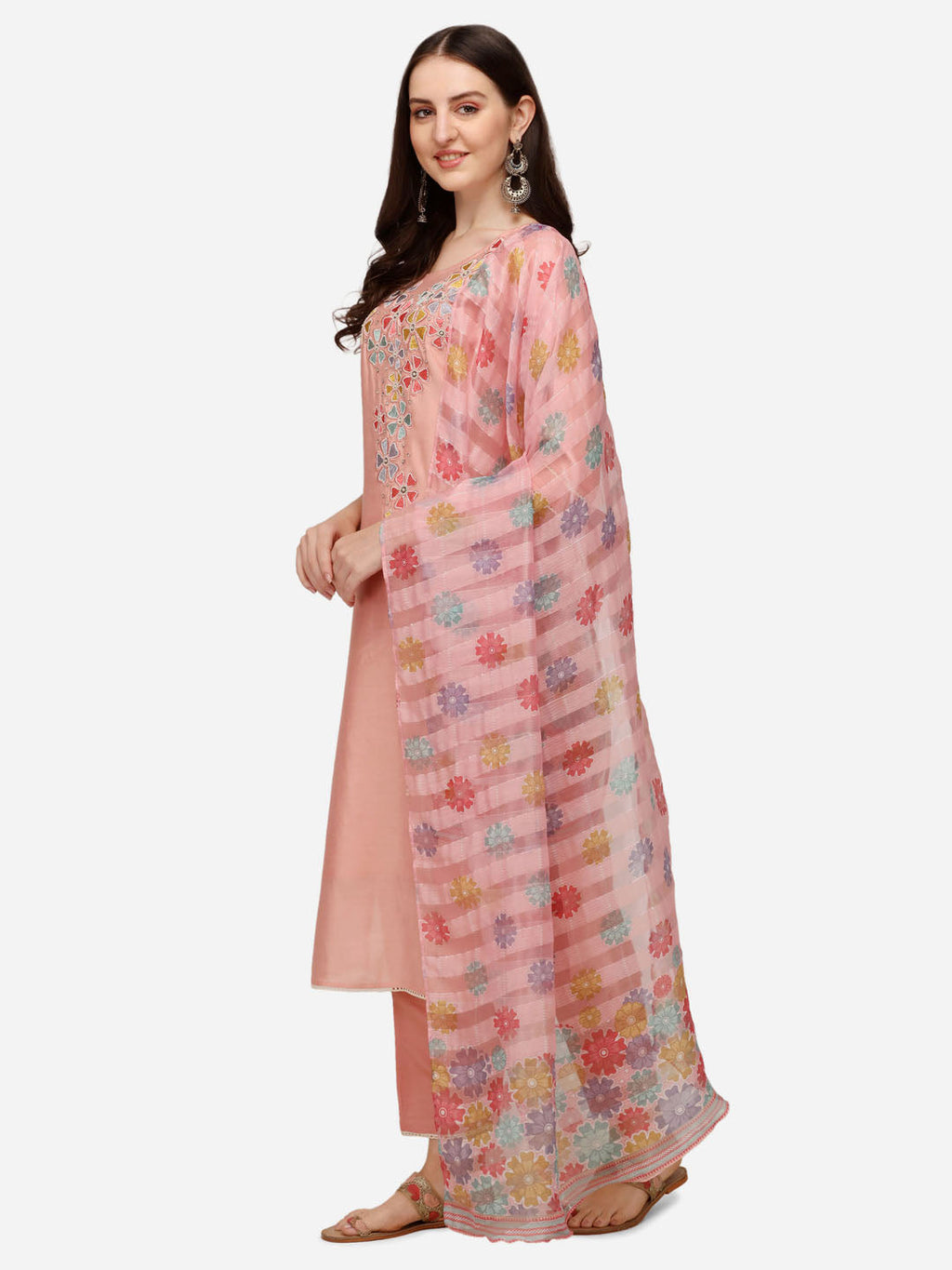 Hand Embroidered Kurta With Pant & Printed Dupatta Set, Multicolor - Hiral Fashion | Grocsy
