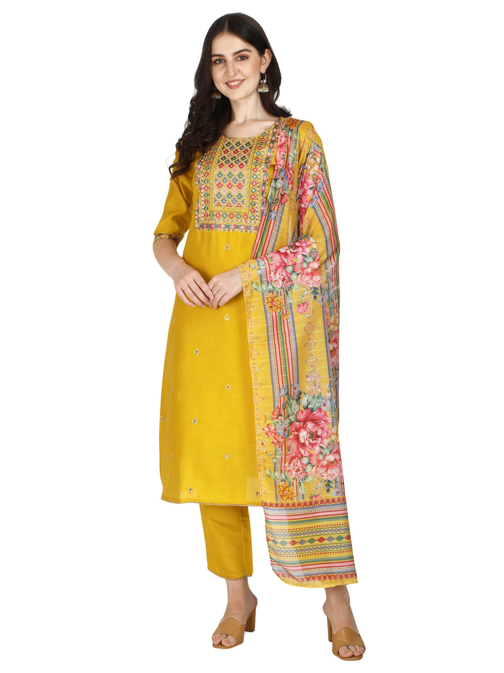 Embroidered Kurta With Pant & Printed Dupatta Set, Multicolor - Hiral Fashion | Grocsy