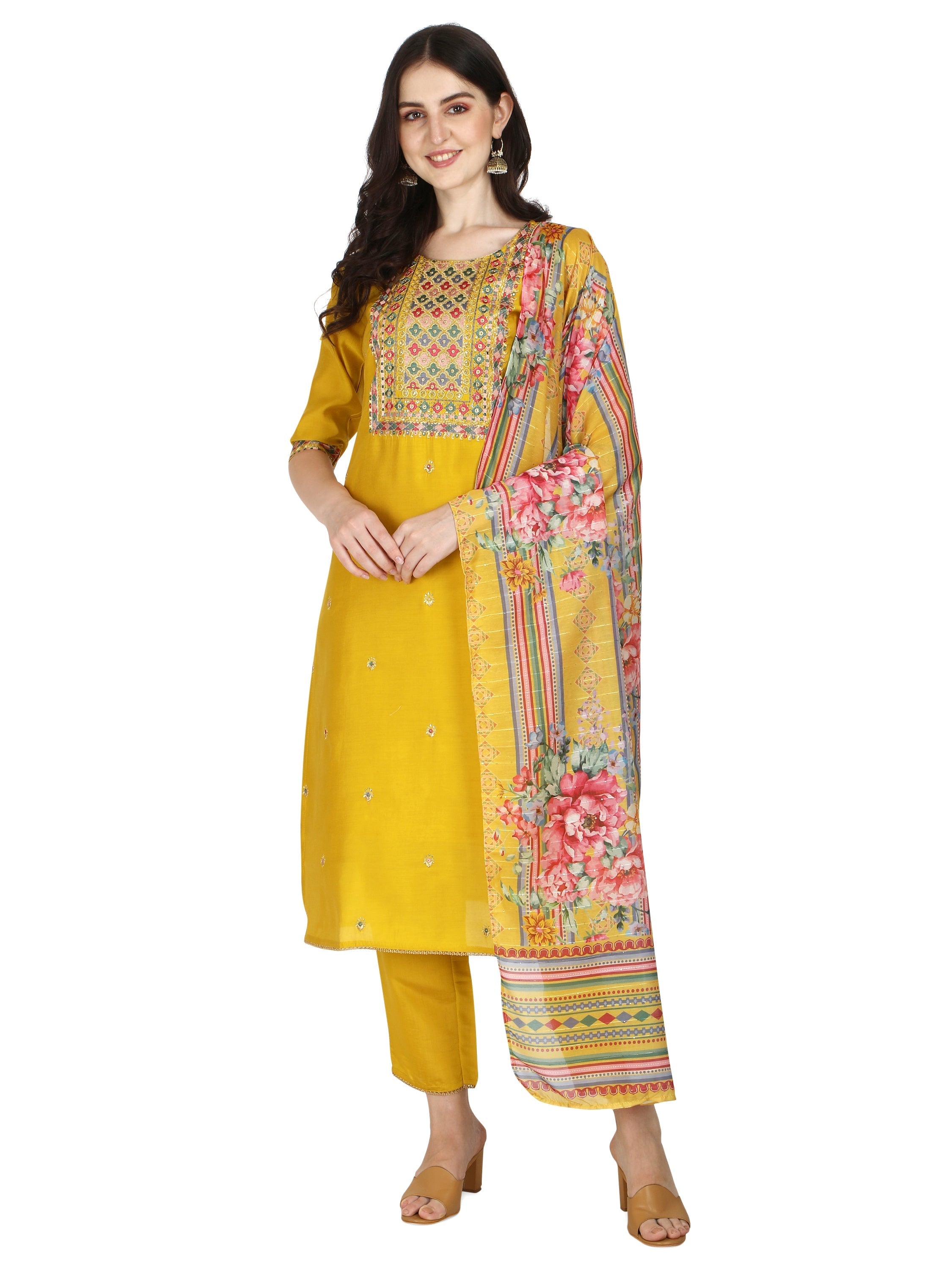 Embroidered Kurta With Pant & Printed Dupatta Set, Multicolor - Hiral Fashion | Grocsy