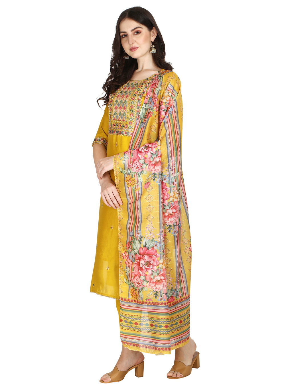 Embroidered Kurta With Pant & Printed Dupatta Set, Multicolor - Hiral Fashion | Grocsy