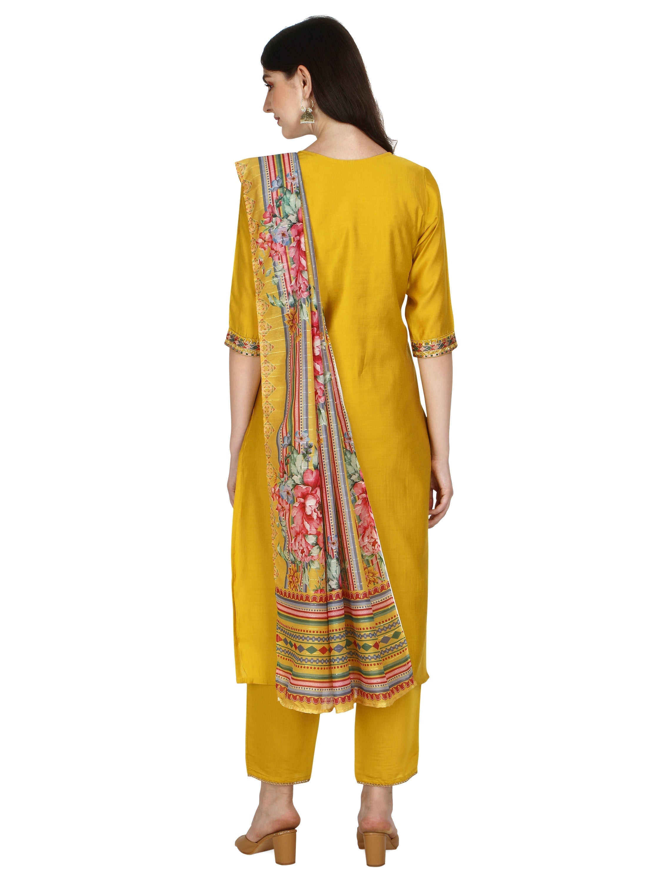 Embroidered Kurta With Pant & Printed Dupatta Set, Multicolor - Hiral Fashion | Grocsy