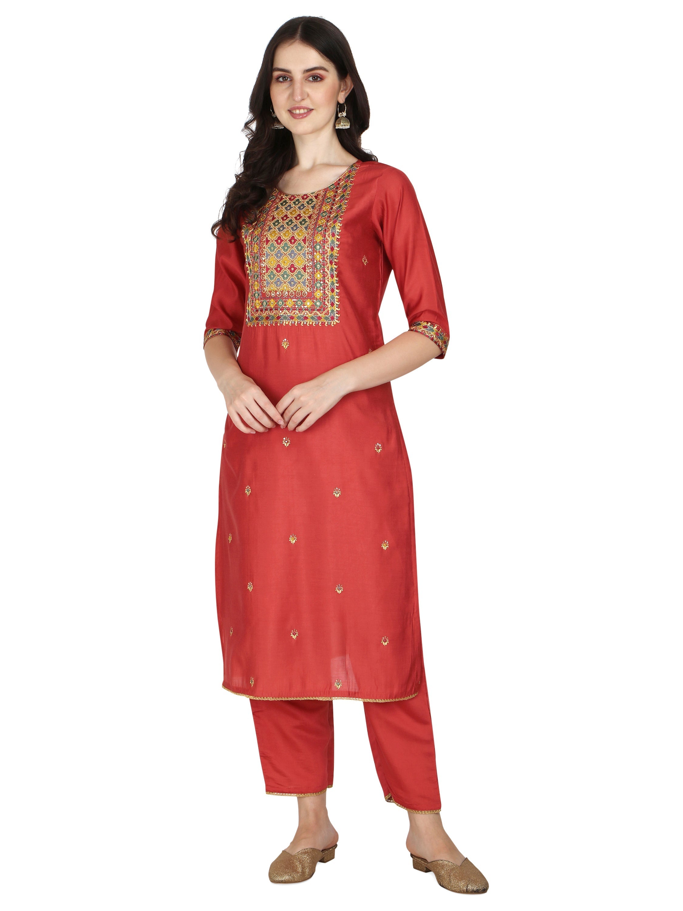 Embroidered Kurta With Pant & Printed Dupatta Set, Multicolor - Hiral Fashion | Grocsy