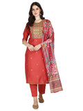 Embroidered Kurta With Pant & Printed Dupatta Set, Multicolor - Hiral Fashion | Grocsy