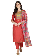 Embroidered Kurta With Pant & Printed Dupatta Set, Multicolor - Hiral Fashion | Grocsy