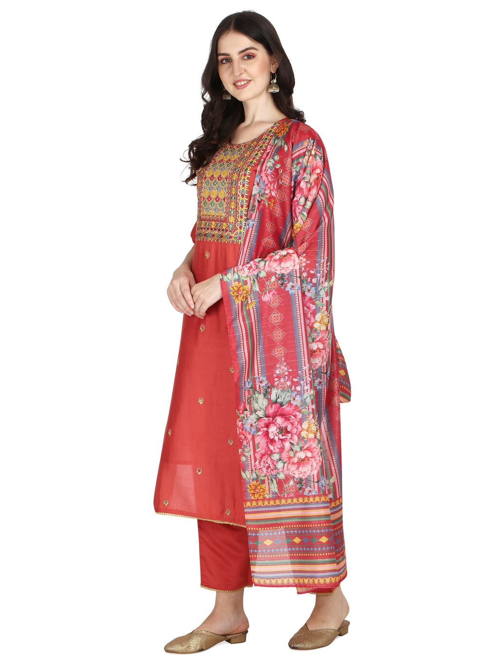 Embroidered Kurta With Pant & Printed Dupatta Set, Multicolor - Hiral Fashion | Grocsy
