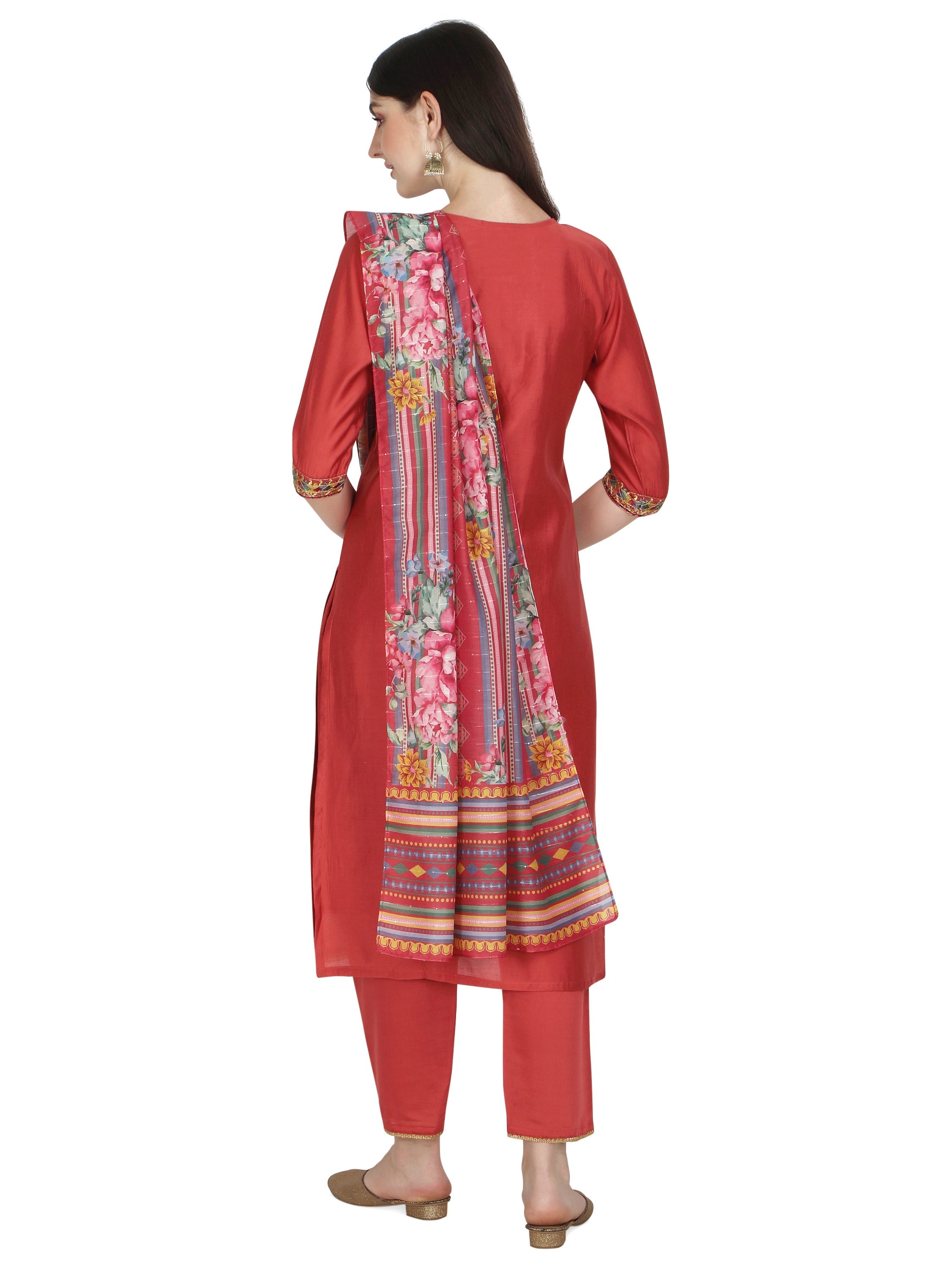 Embroidered Kurta With Pant & Printed Dupatta Set, Multicolor - Hiral Fashion | Grocsy