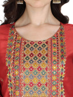 Embroidered Kurta With Pant & Printed Dupatta Set, Multicolor - Hiral Fashion | Grocsy