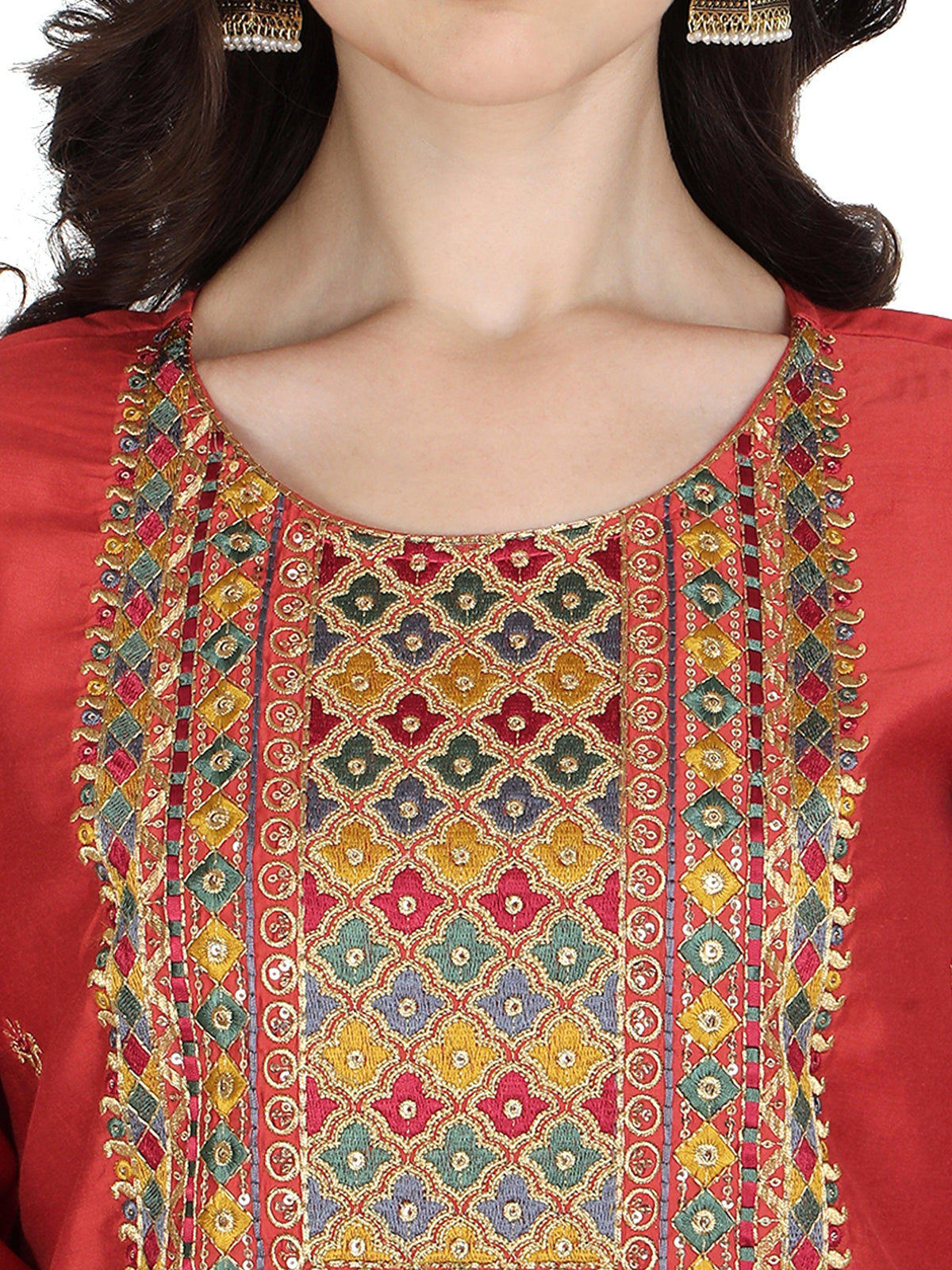 Embroidered Kurta With Pant & Printed Dupatta Set, Multicolor - Hiral Fashion | Grocsy