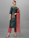 Embroidered Kurta With Pant & Dupatta Set, Multicolor - Hiral Fashion | Grocsy