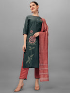 Embroidered Kurta With Pant & Dupatta Set, Multicolor - Hiral Fashion | Grocsy