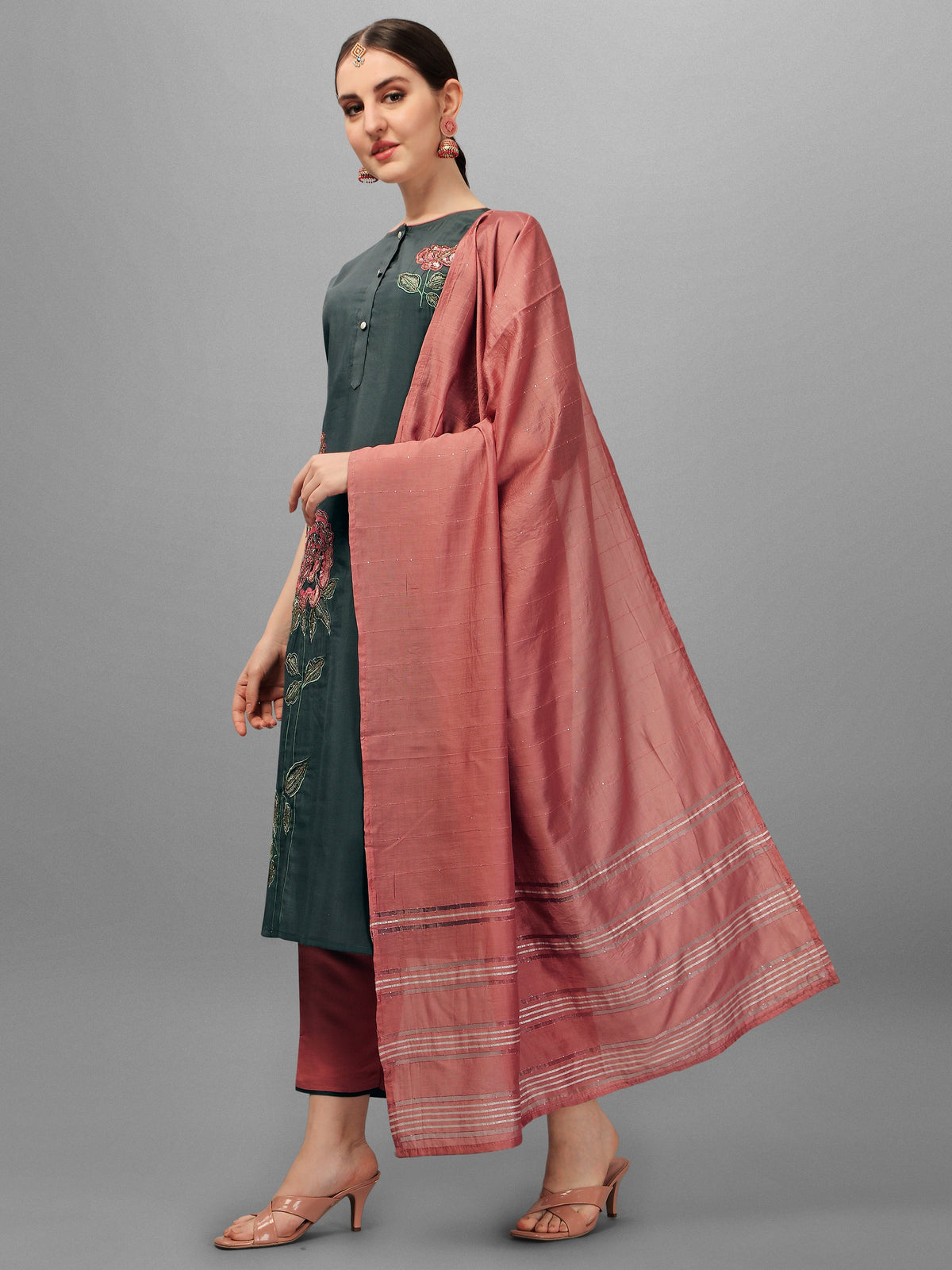 Embroidered Kurta With Pant & Dupatta Set, Multicolor - Hiral Fashion | Grocsy