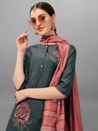 Embroidered Kurta With Pant & Dupatta Set, Multicolor - Hiral Fashion | Grocsy