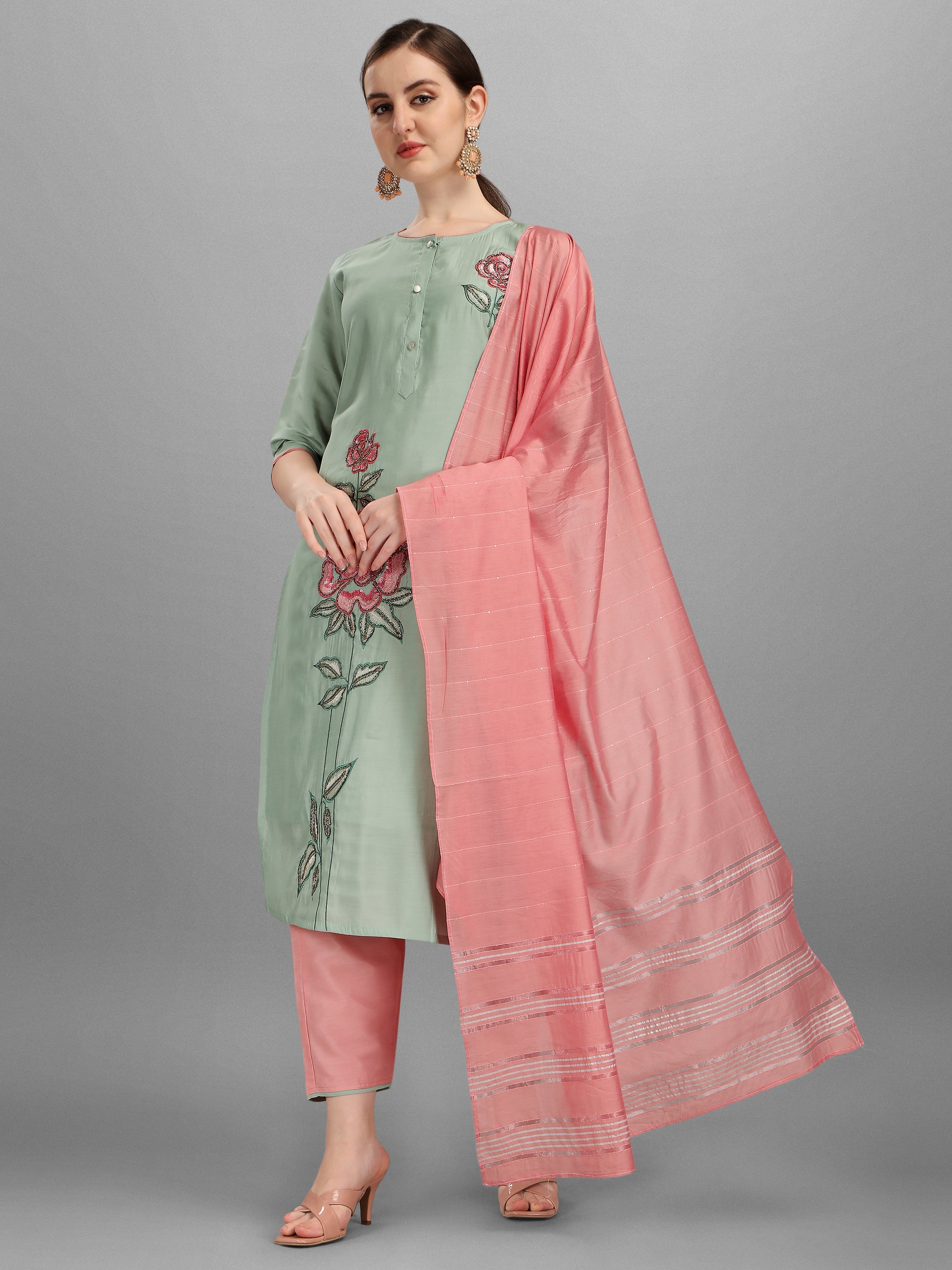Embroidered Kurta With Pant & Dupatta Set, Multicolor - Hiral Fashion | Grocsy