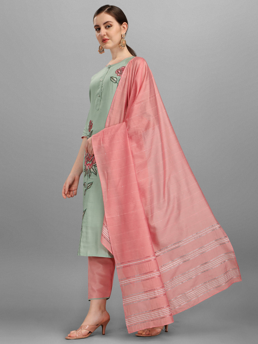 Embroidered Kurta With Pant & Dupatta Set, Multicolor - Hiral Fashion | Grocsy