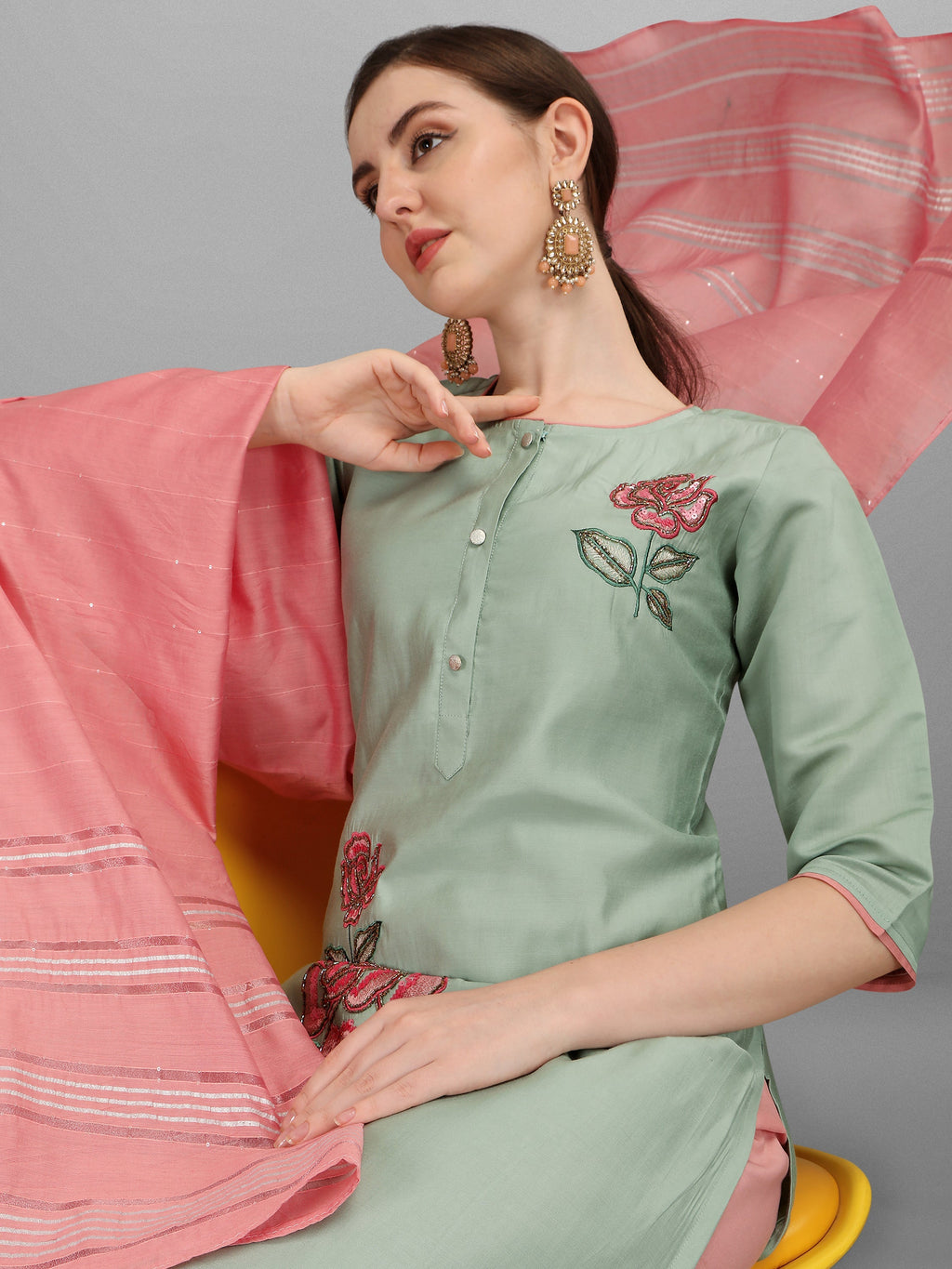 Embroidered Kurta With Pant & Dupatta Set, Multicolor - Hiral Fashion | Grocsy