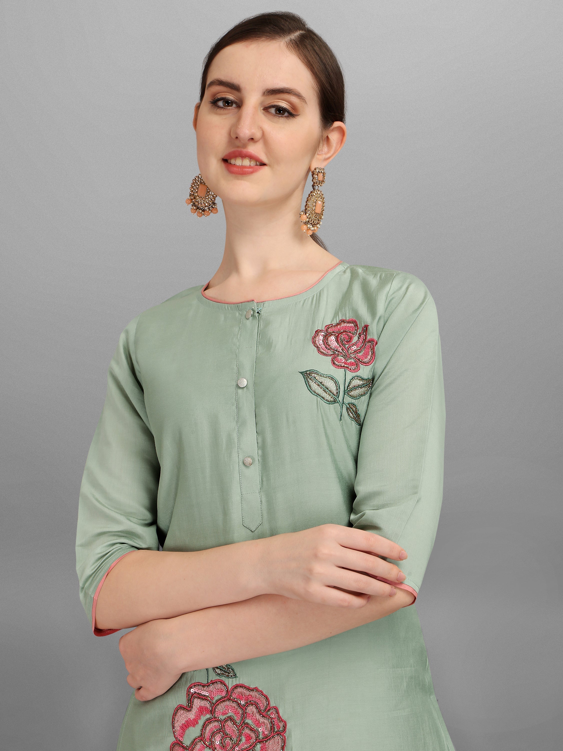 Embroidered Kurta With Pant & Dupatta Set, Multicolor - Hiral Fashion | Grocsy