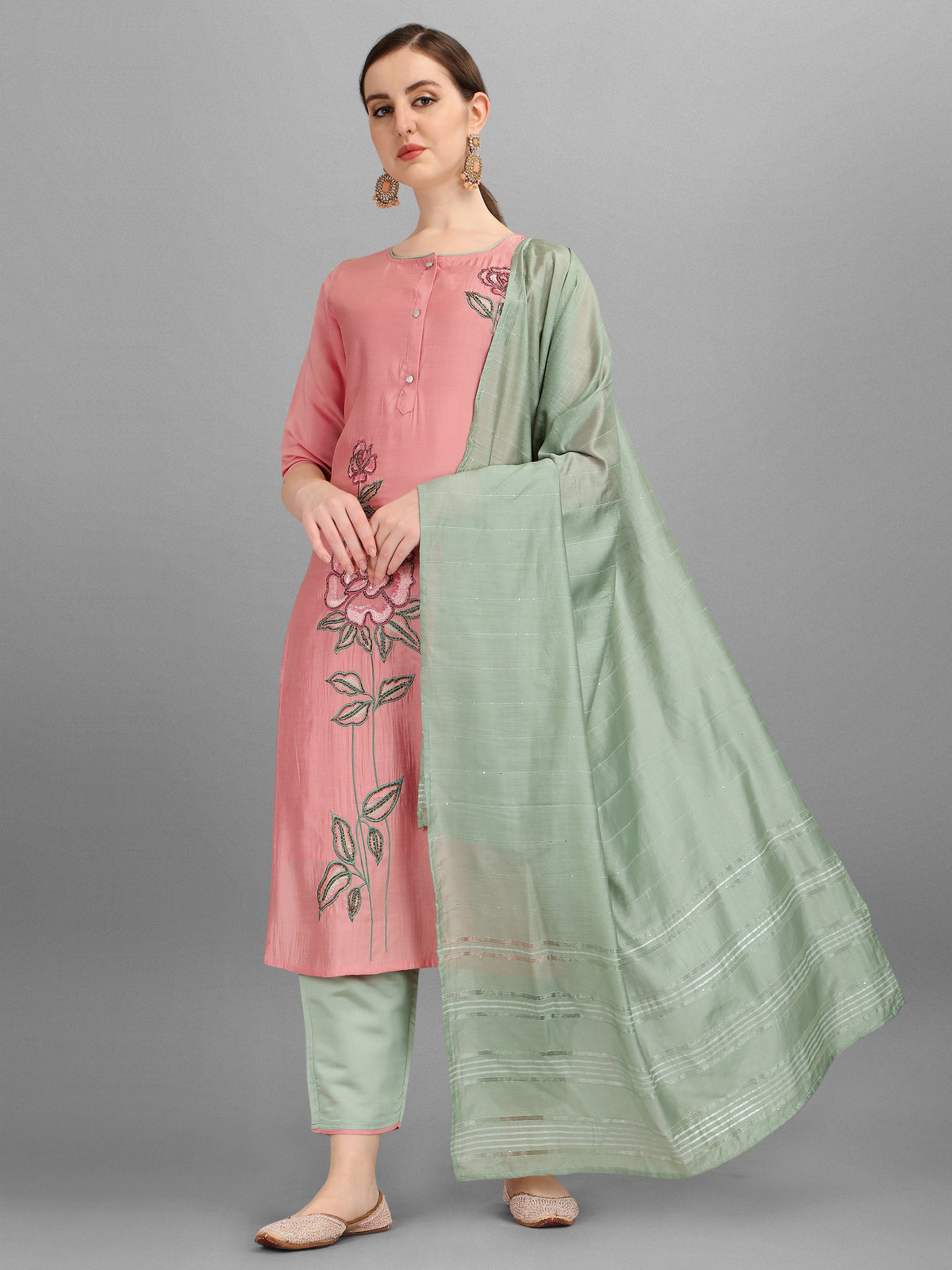 Embroidered Kurta With Pant & Dupatta Set, Multicolor - Hiral Fashion | Grocsy