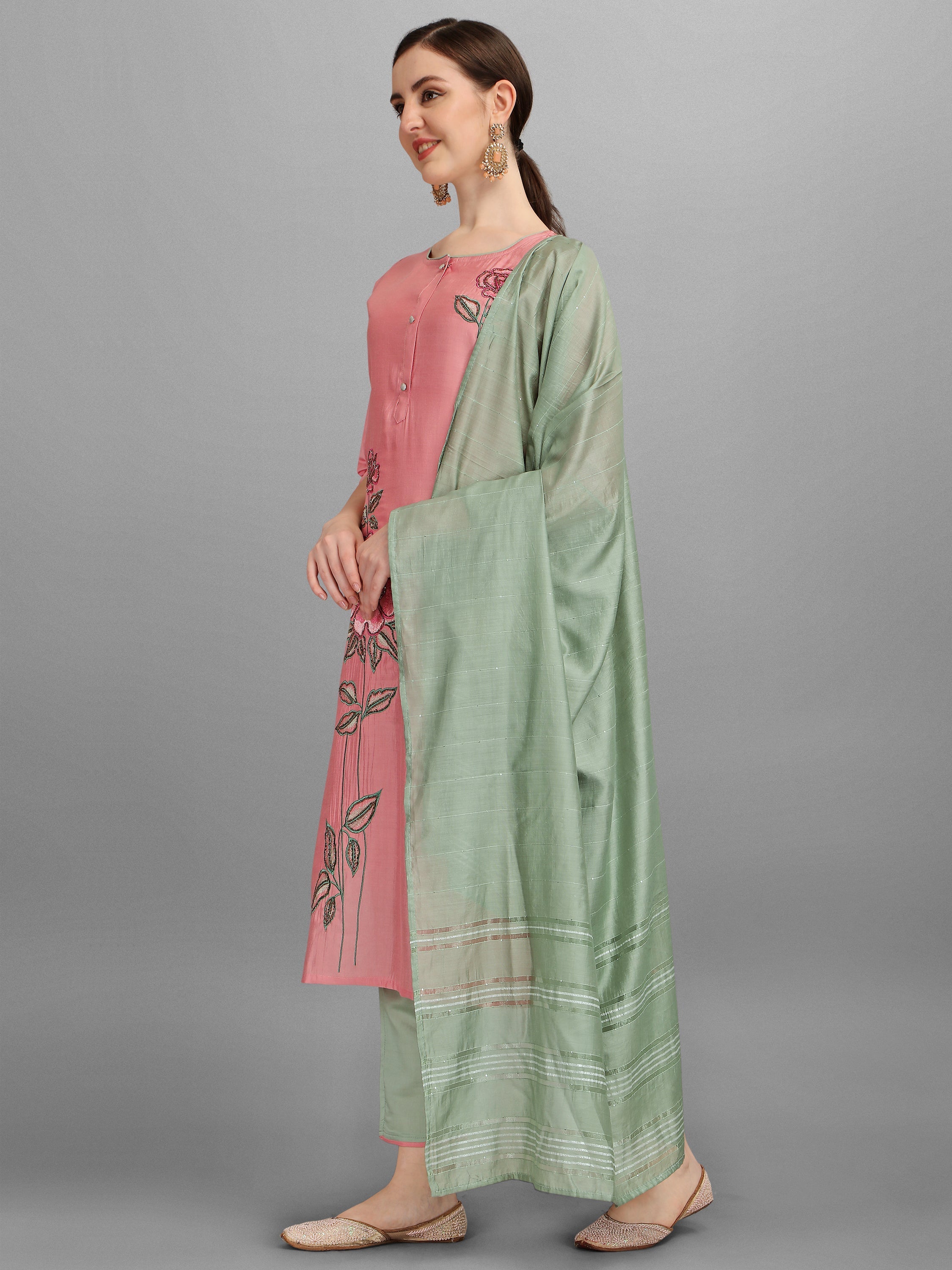 Embroidered Kurta With Pant & Dupatta Set, Multicolor - Hiral Fashion | Grocsy