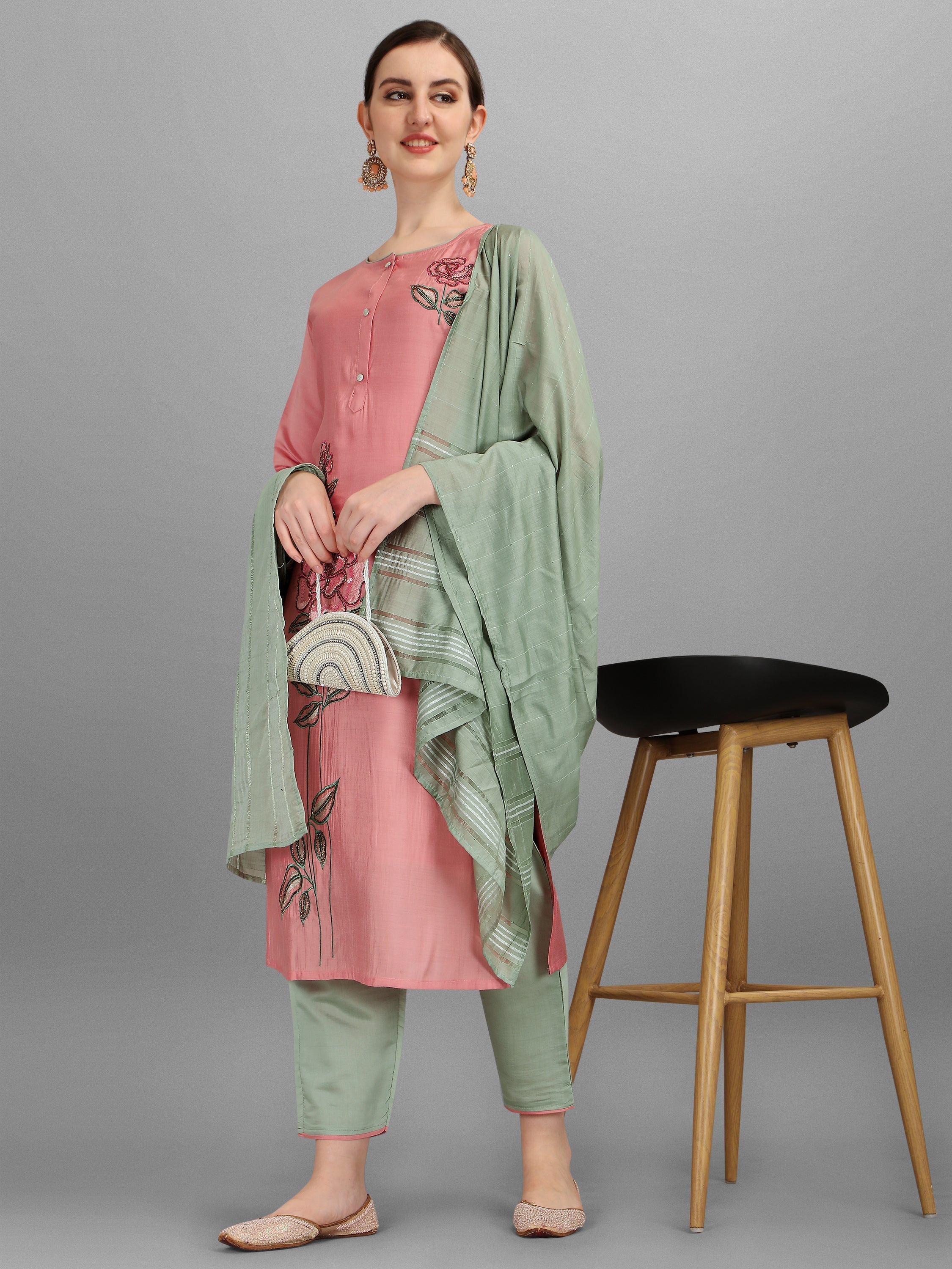 Embroidered Kurta With Pant & Dupatta Set, Multicolor - Hiral Fashion | Grocsy