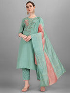 Embroidered Kurta With Pant & Dupatta Set, Multicolor - Hiral Fashion | Grocsy