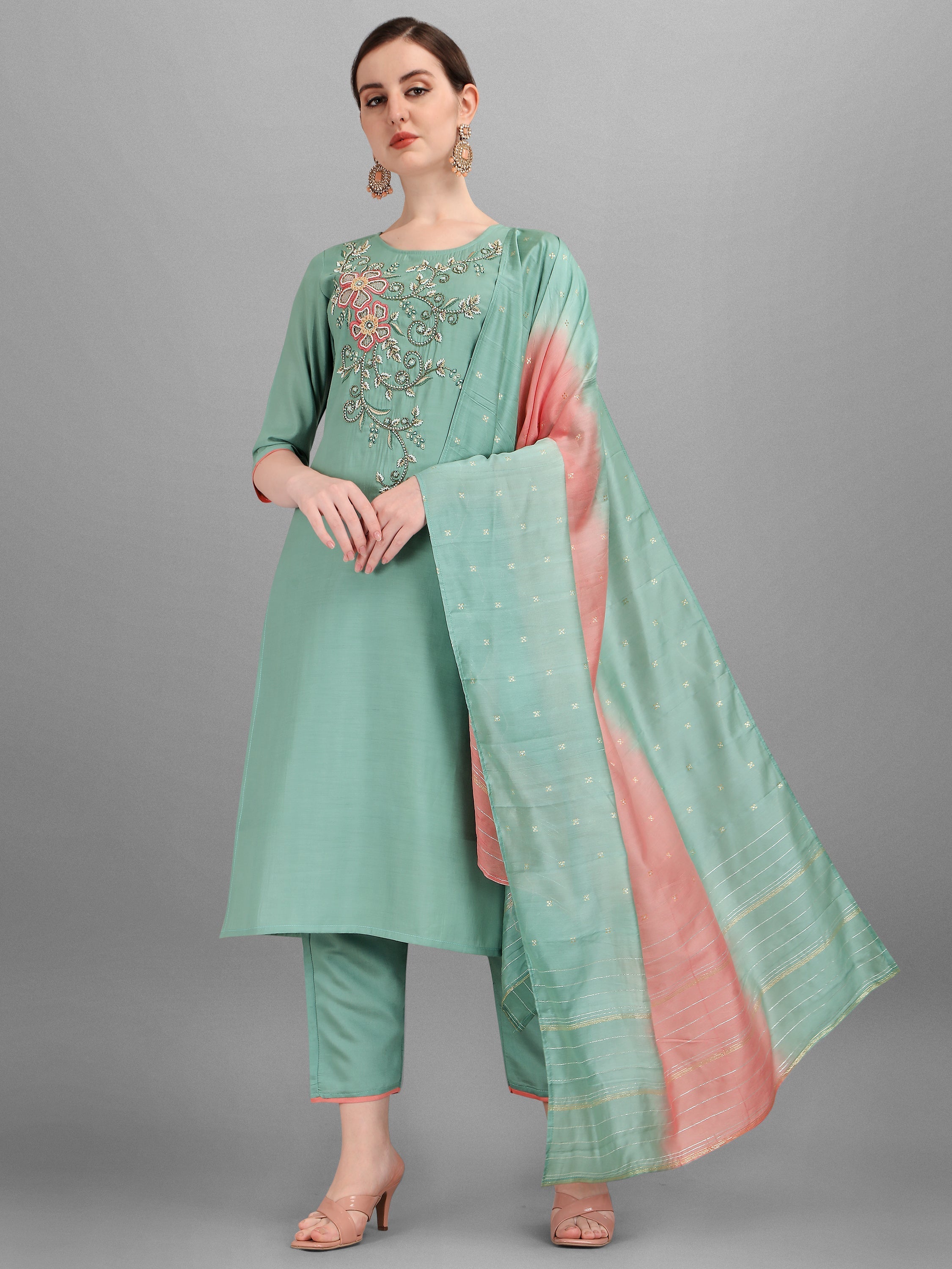 Embroidered Kurta With Pant & Dupatta Set, Multicolor - Hiral Fashion | Grocsy