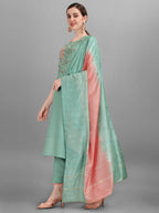 Embroidered Kurta With Pant & Dupatta Set, Multicolor - Hiral Fashion | Grocsy