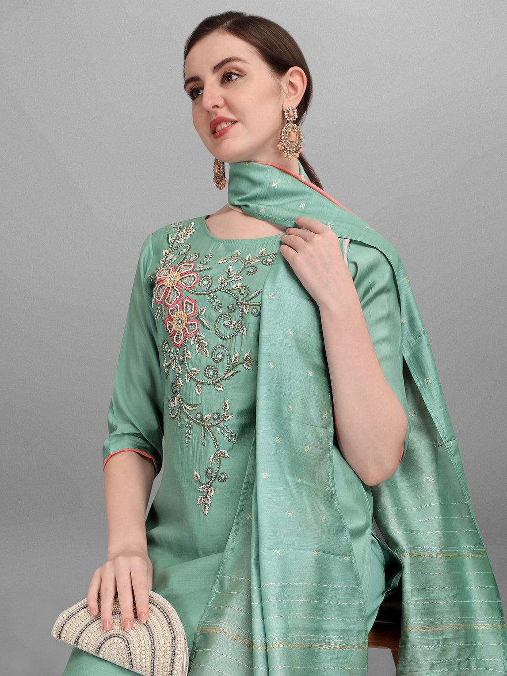 Embroidered Kurta With Pant & Dupatta Set, Multicolor - Hiral Fashion | Grocsy