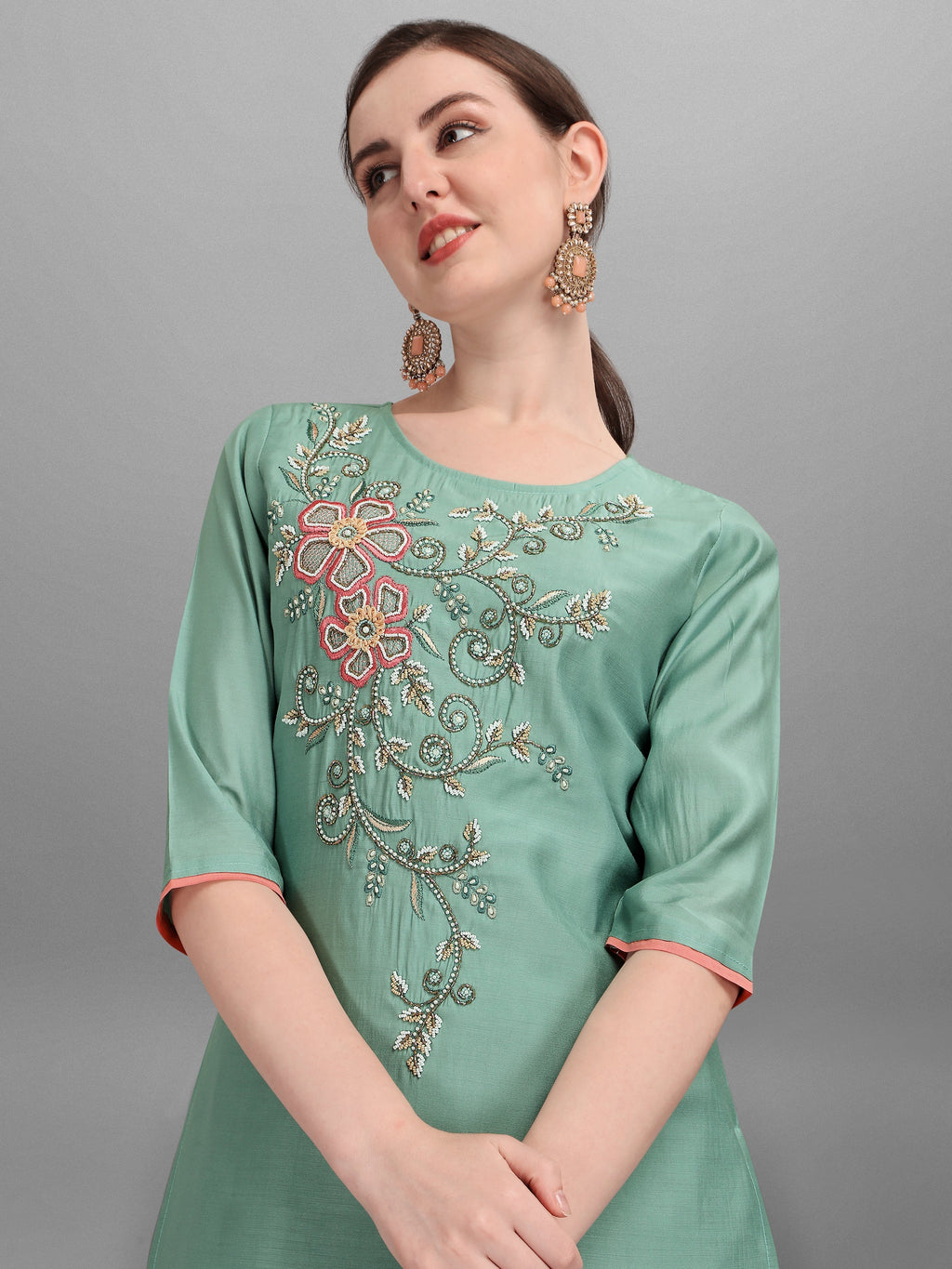 Embroidered Kurta With Pant & Dupatta Set, Multicolor - Hiral Fashion | Grocsy