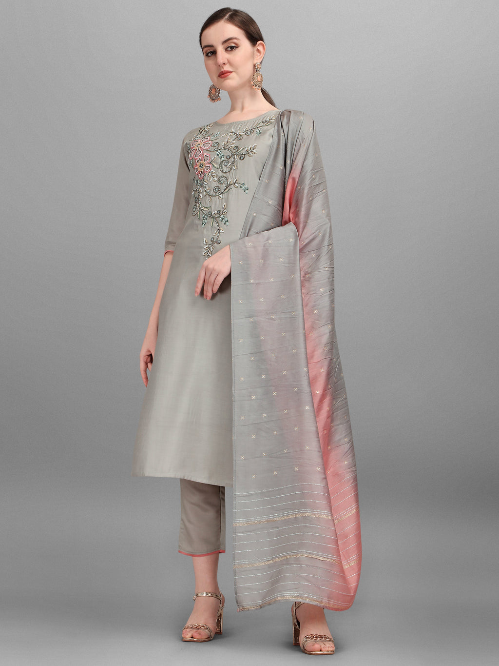 Floral Embroidered Kurta With Pant And Dupatta Set, Multicolor - Hiral Fashion | Grocsy