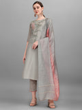 Floral Embroidered Kurta With Pant And Dupatta Set, Multicolor - Hiral Fashion | Grocsy