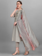 Floral Embroidered Kurta With Pant And Dupatta Set, Multicolor - Hiral Fashion | Grocsy