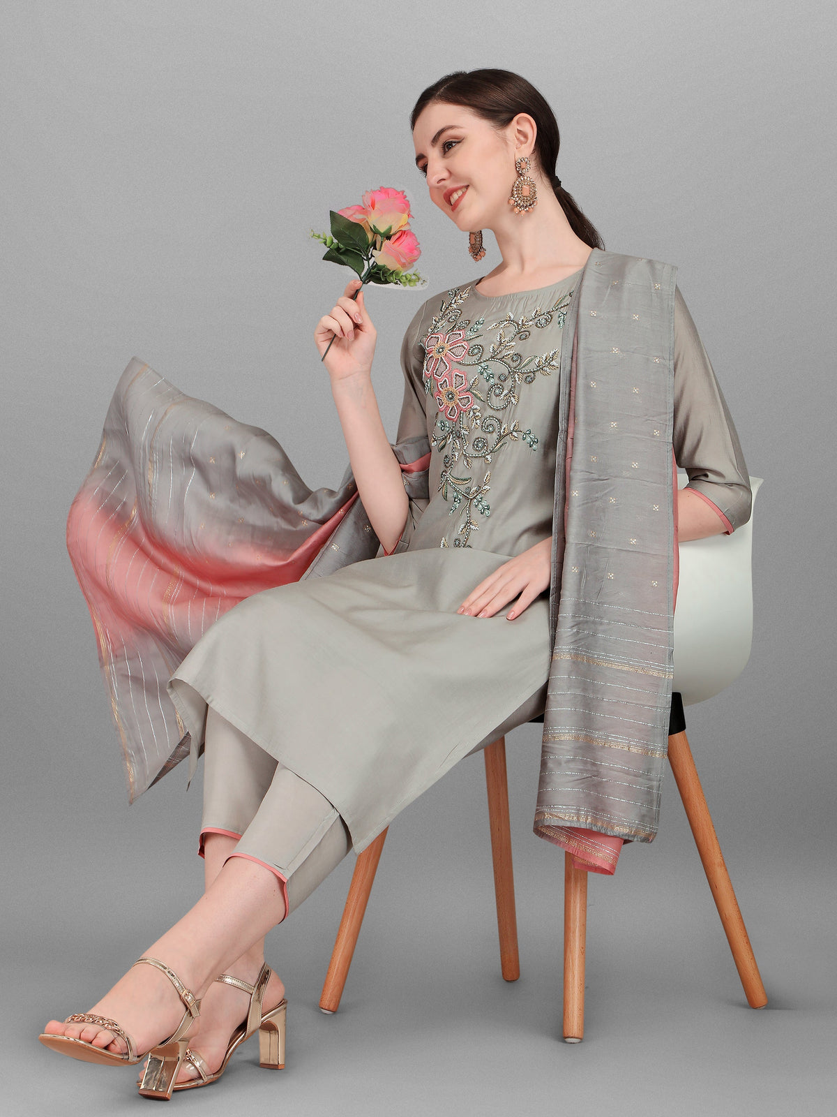 Floral Embroidered Kurta With Pant And Dupatta Set, Multicolor - Hiral Fashion | Grocsy