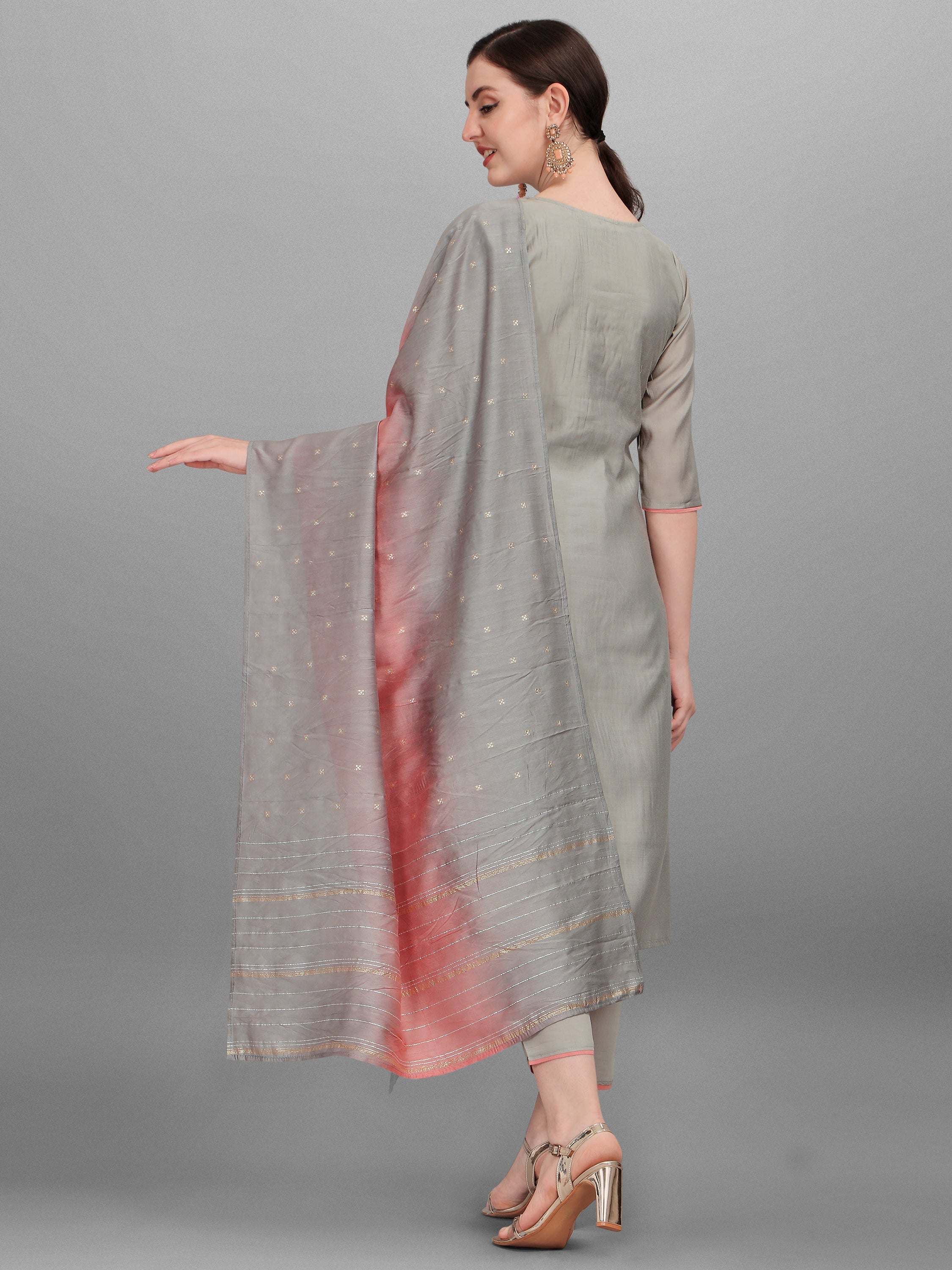 Floral Embroidered Kurta With Pant And Dupatta Set, Multicolor - Hiral Fashion | Grocsy