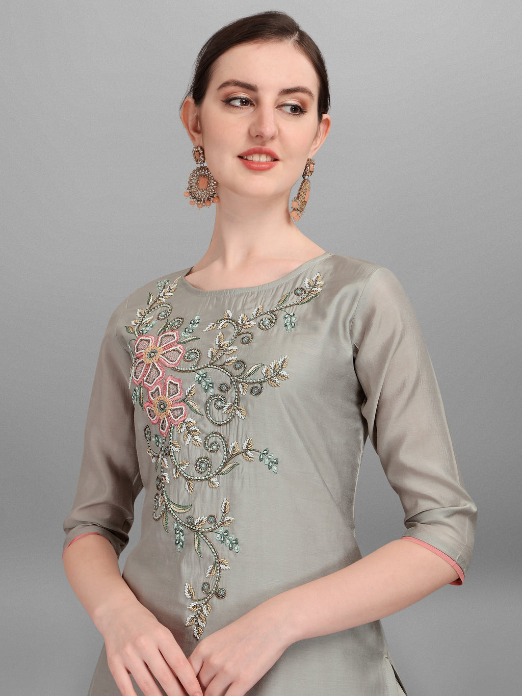 Floral Embroidered Kurta With Pant And Dupatta Set, Multicolor - Hiral Fashion | Grocsy